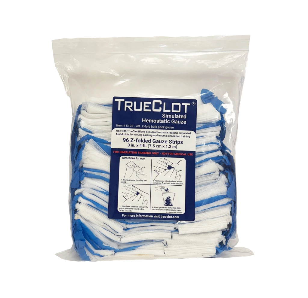 Front view of TrueClot simulated hemostatic gauze bulk pack with 96 Z-folded training gauze strips for wound packing, bleeding control training, and emergency trauma education.