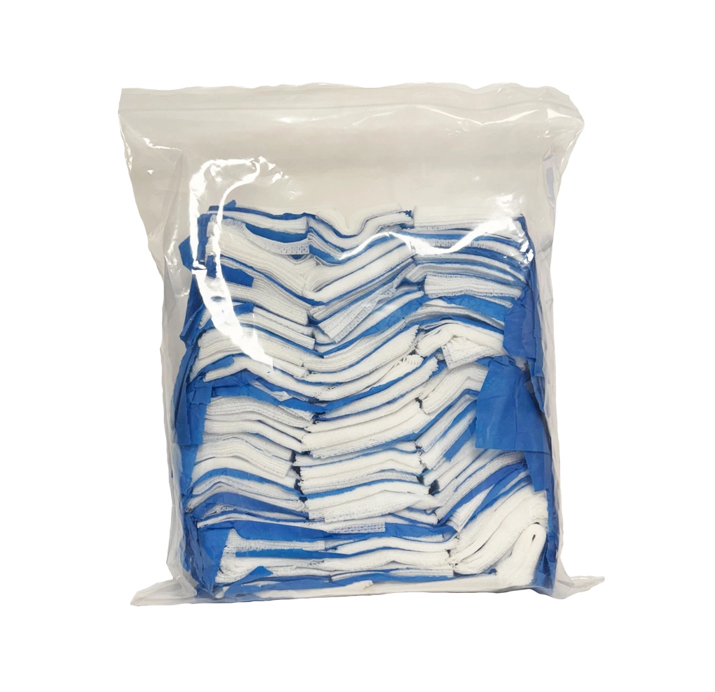 Back view of TrueClot bulk training gauze pack showing stacked Z-folded simulated hemostatic gauze strips used for wound packing practice and haemorrhage control simulation training.
