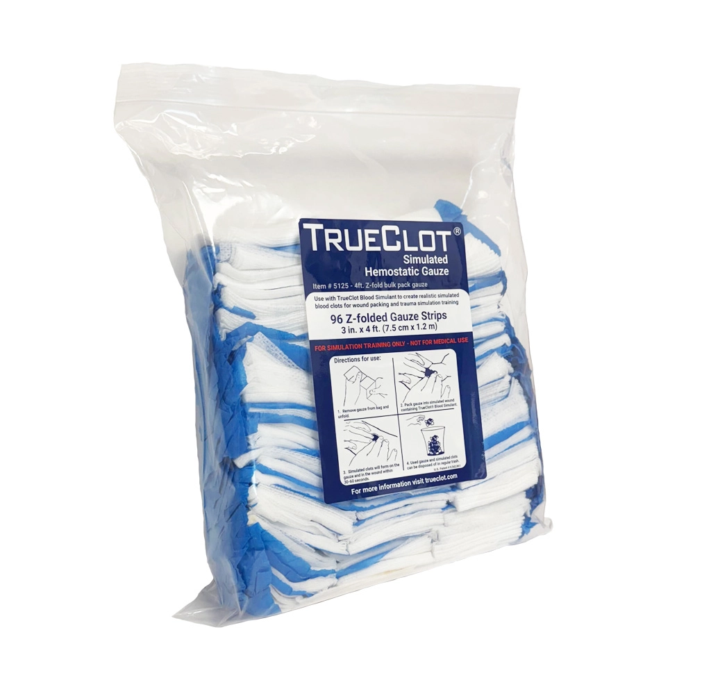 TrueClot bulk pack of simulated hemostatic gauze containing 96 Z-folded gauze strips for wound packing practice, haemorrhage control training, and realistic trauma simulation exercises.