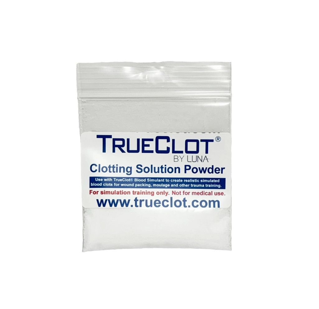 TrueClot clotting solution powder pack for creating realistic simulated blood clots during wound packing practice, haemorrhage control training, moulage preparation, and trauma simulation exercises.