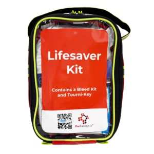 Front view of a red Lifesaver Kit pouch labelled โContains a Bleed Kit and Tourni-Keyโ with carry handle.