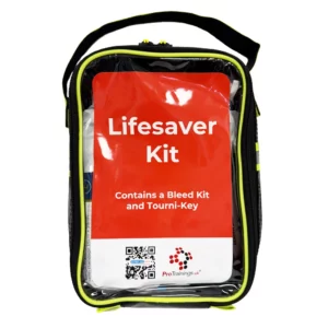 Front view of a Lifesaver Kit in a black and yellow zippered pouch showing red label that reads โLifesaver Kit โ Contains a Bleed Kit and Tourni-Keyโ with ProTrainings logo at the bottom.