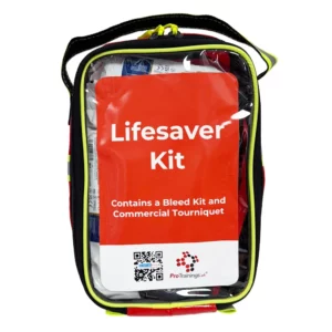 Front view of red Lifesaver Kit pouch with clear window and text stating it contains a bleed kit and commercial tourniquet.
