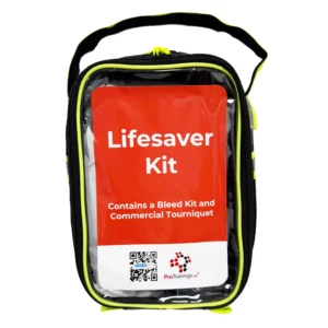 Front view of Lifesaver Kit in black and yellow zippered pouch with clear window and red label stating โLifesaver Kit โ Contains a Bleed Kit and Commercial Tourniquet.โ