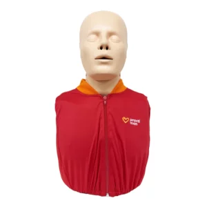 Front view of the Practi-Man CPR manikin wearing the Practi-Jacket, highlighting the centred zip, realistic facial features, and branded training garment for enhanced CPR practice realism.