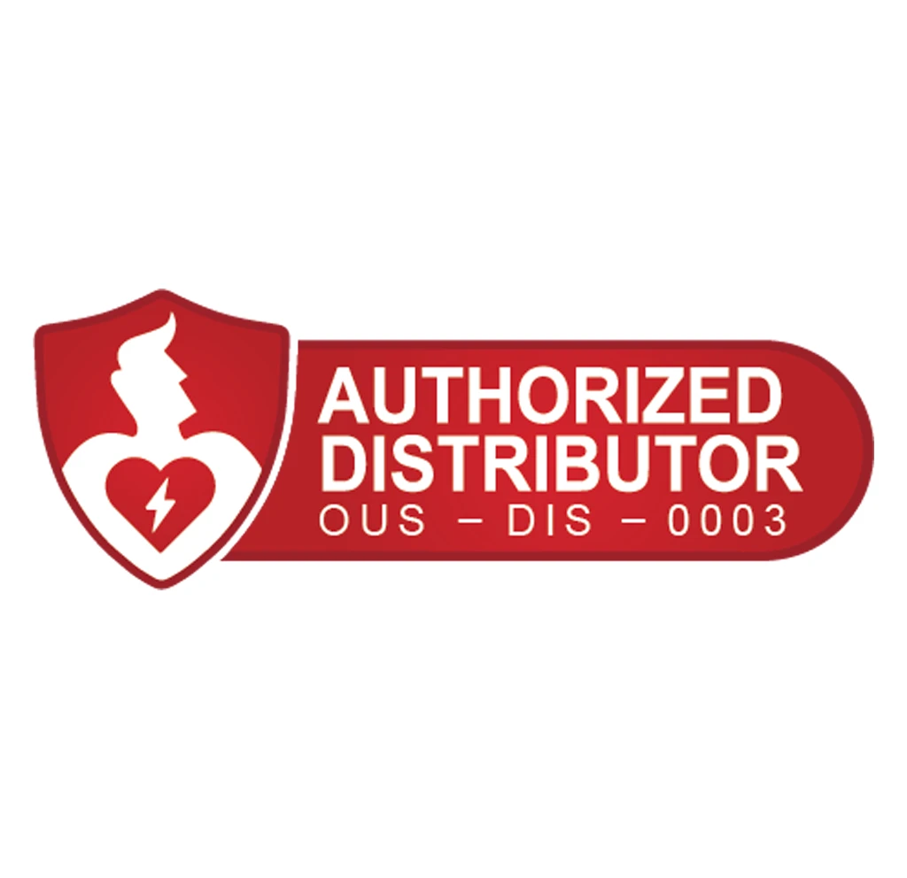 Authorized distributor badge featuring a red shield icon with a heart and lightning symbol, alongside bold “AUTHORIZED DISTRITOR” text and certification code, indicating verified supplier status.