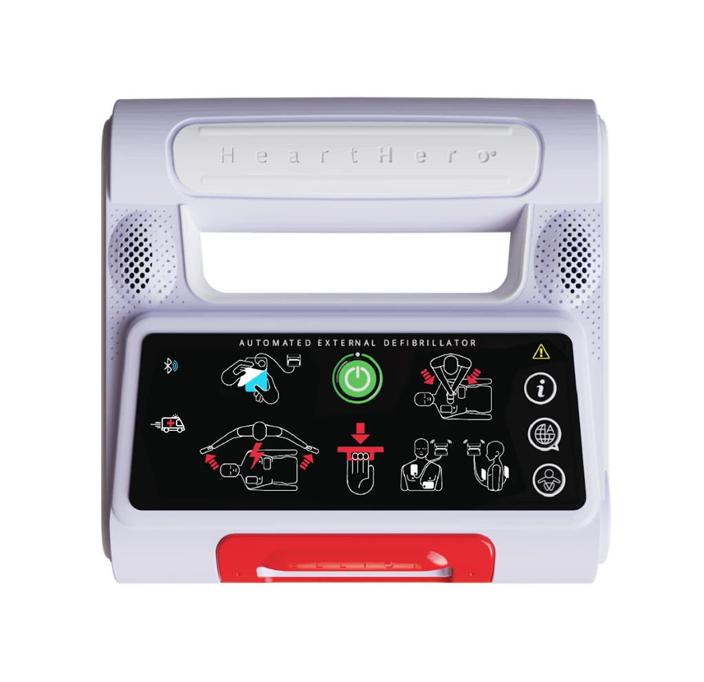 Front view of the HeartHero automated external defibrillator (AED) displaying the full rescue interface with visual instructions, power button, and speaker vents.