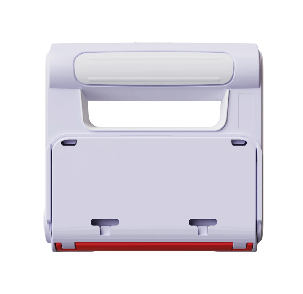 Rear view of the HeartHero AED showing the battery and electrode pad compartment with integrated carry handle.