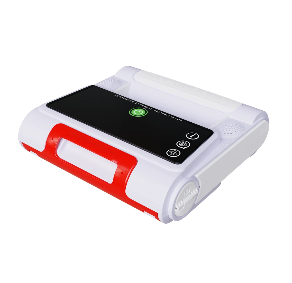 Angled side view of the HeartHero AED highlighting its compact design, red pad cartridge compartment, and user-friendly interface.