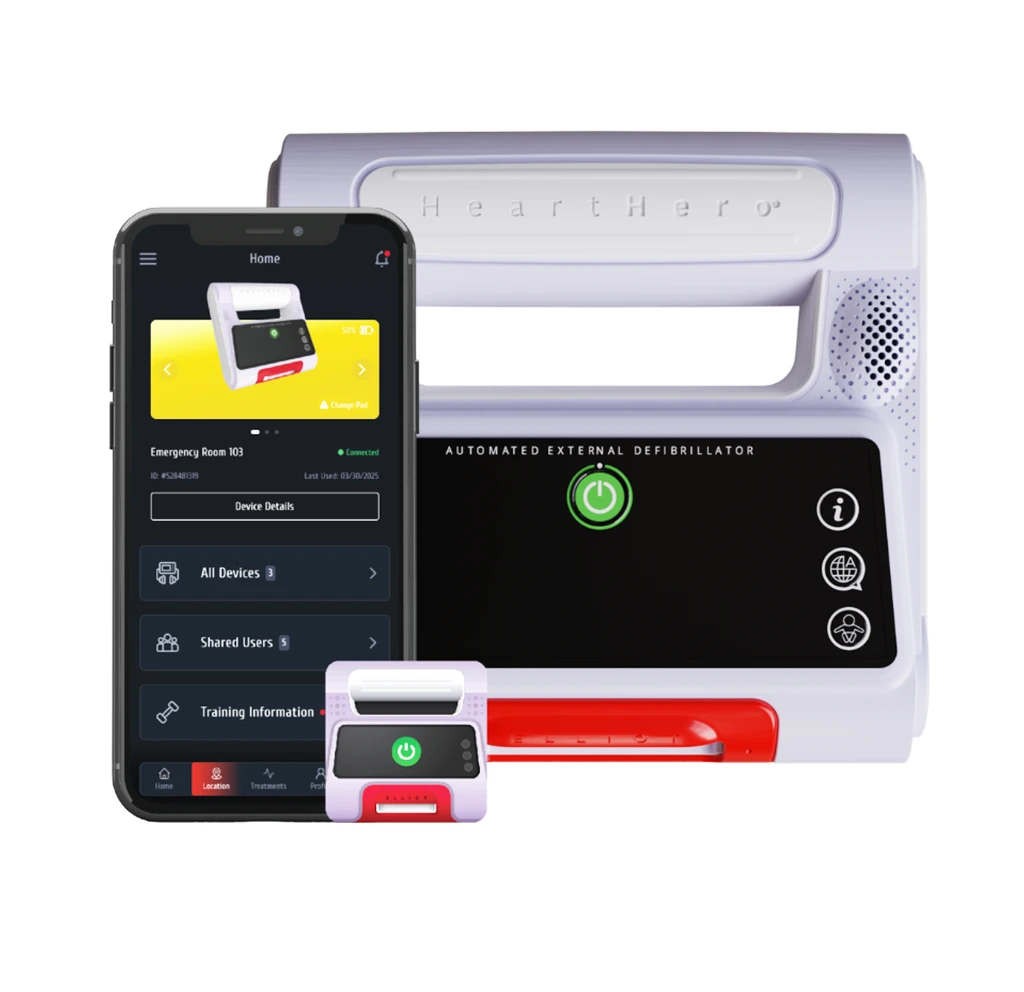 The HeartHero AED displayed alongside its companion mobile app, highlighting real-time device monitoring, status tracking, and connectivity features.