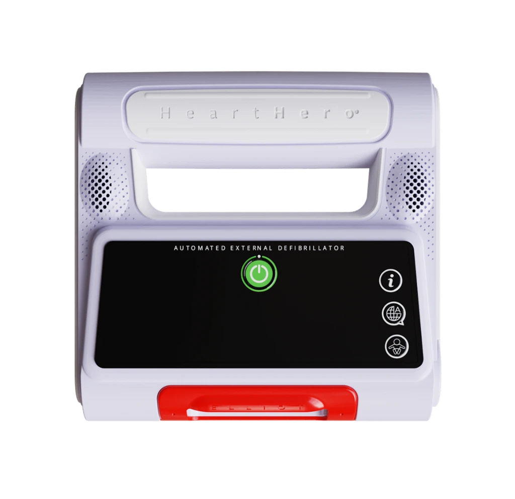 Front view of the HeartHero AED featuring the simplified control panel, power button, speaker vents, and user-friendly design for emergency use.