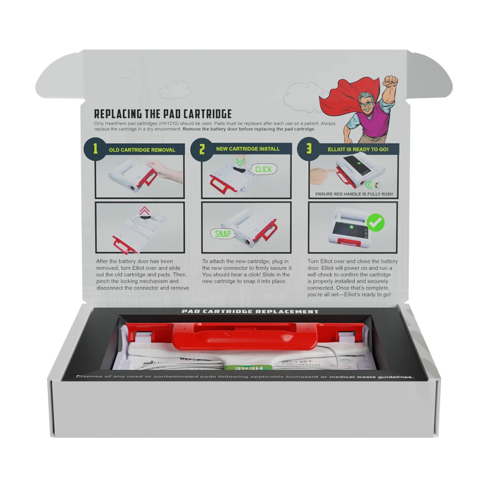 Inside lid view of the packaging featuring clear, step-by-step illustrated instructions for replacing the AED pad cartridge quickly and correctly.