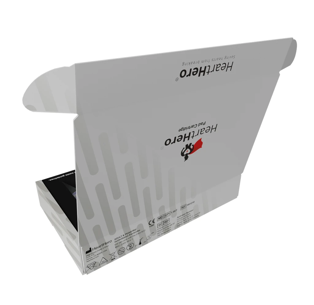 Rear angled view of the HeartHero pad cartridge box, showing product labelling, compliance markings, and packaging construction details.