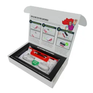 Angled perspective of the open box with pad cartridge in place, demonstrating how the cartridge is secured within the packaging and ready for installation.