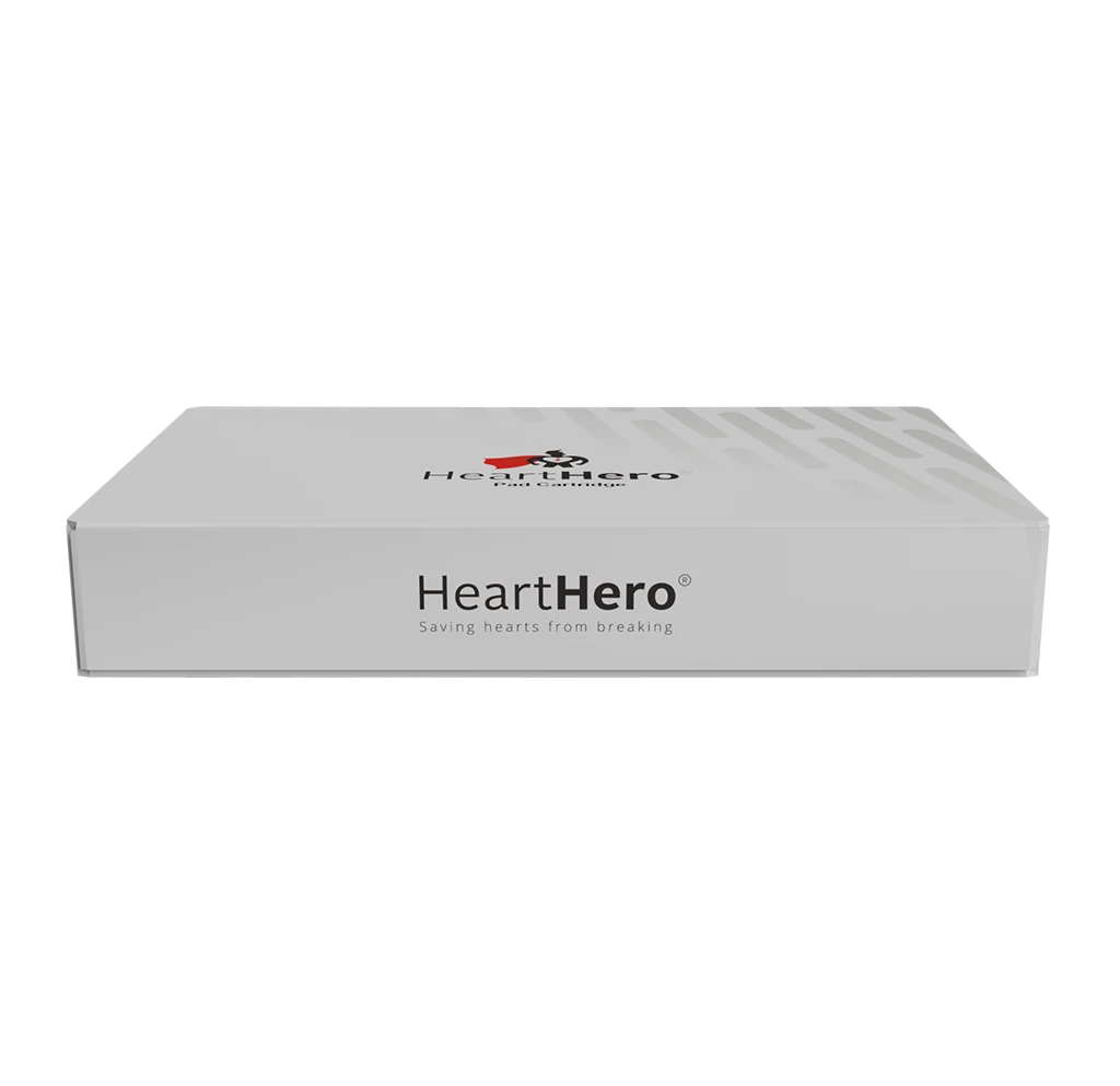 Closed HeartHero packaging box displaying the branded exterior design, providing a clean and professional presentation for storage and transport.
