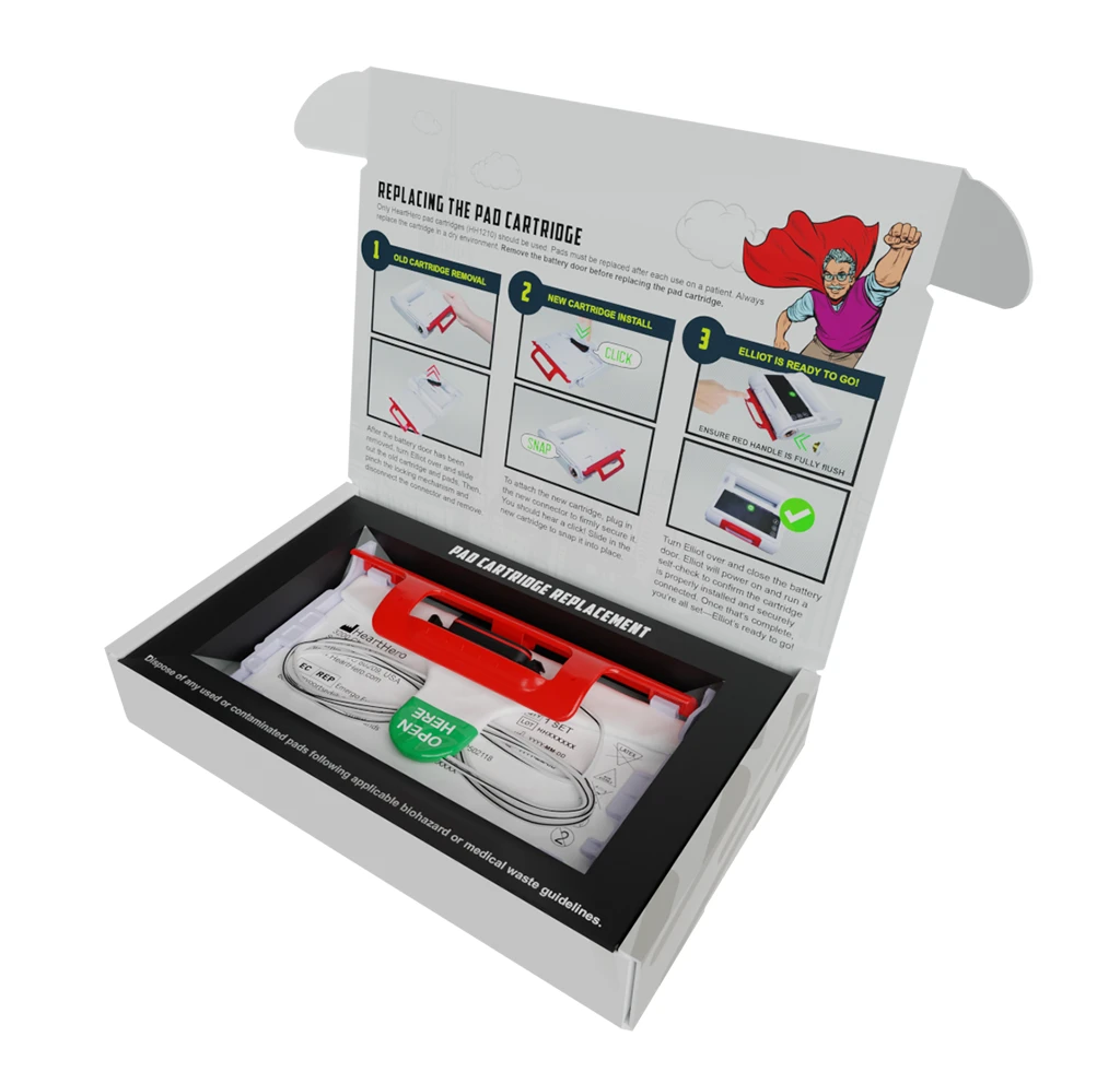 Angled perspective of the open box with pad cartridge in place, demonstrating how the cartridge is secured within the packaging and ready for installation.