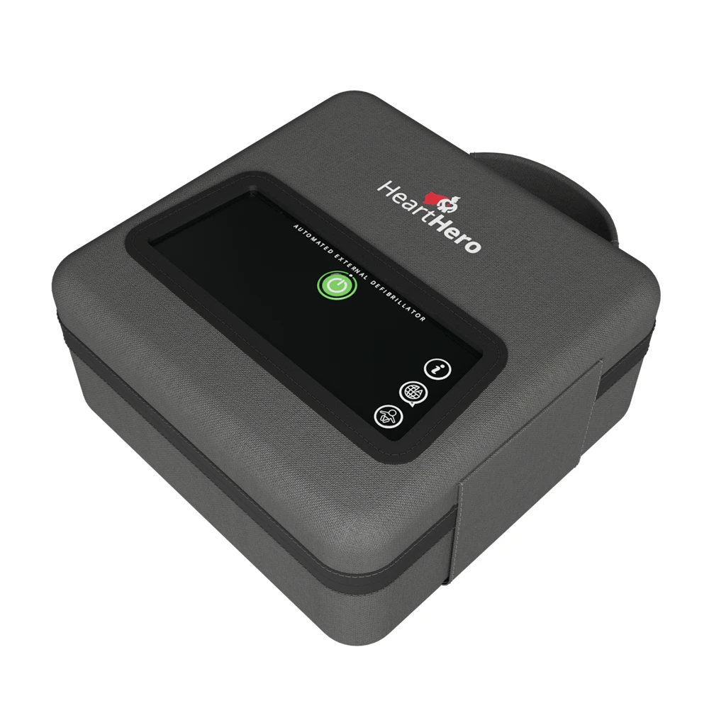 Top-down angled view of the closed case with viewing window, allowing quick visual access to the AED’s status indicator without opening the case.