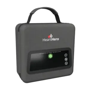 Front view of the closed HeartHero carry case, showcasing the branded exterior and built-in display window for fast readiness checks.