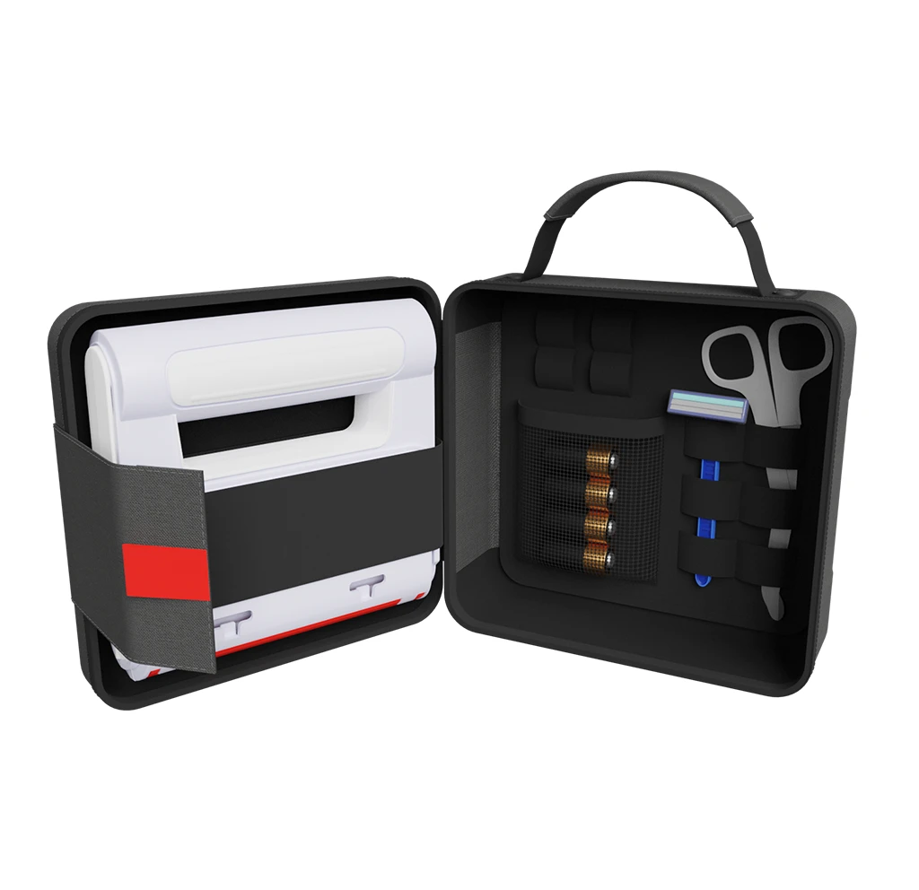 Front-facing open case highlighting how the AED is secured with a wide retention strap and accessories are neatly arranged for quick access.