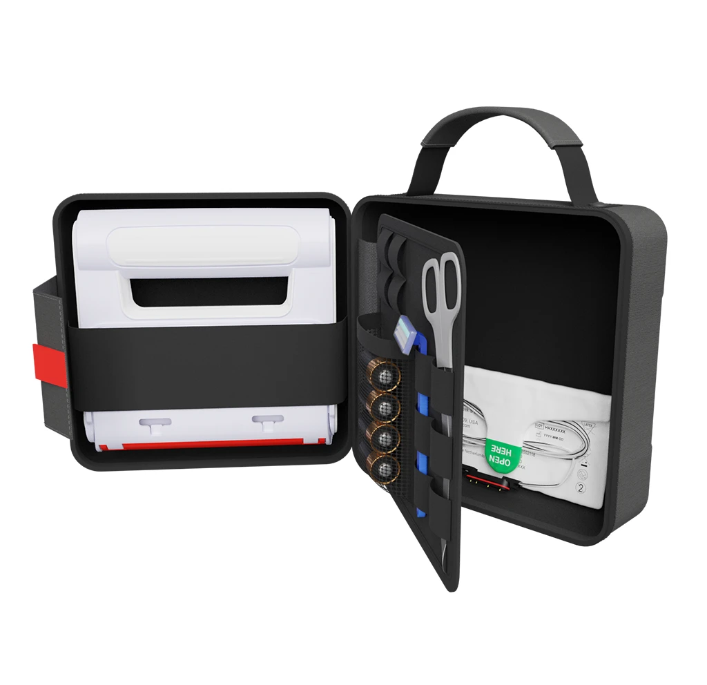 Angled open view of the case displaying internal storage layout, including elastic straps and mesh compartments for essential AED accessories.