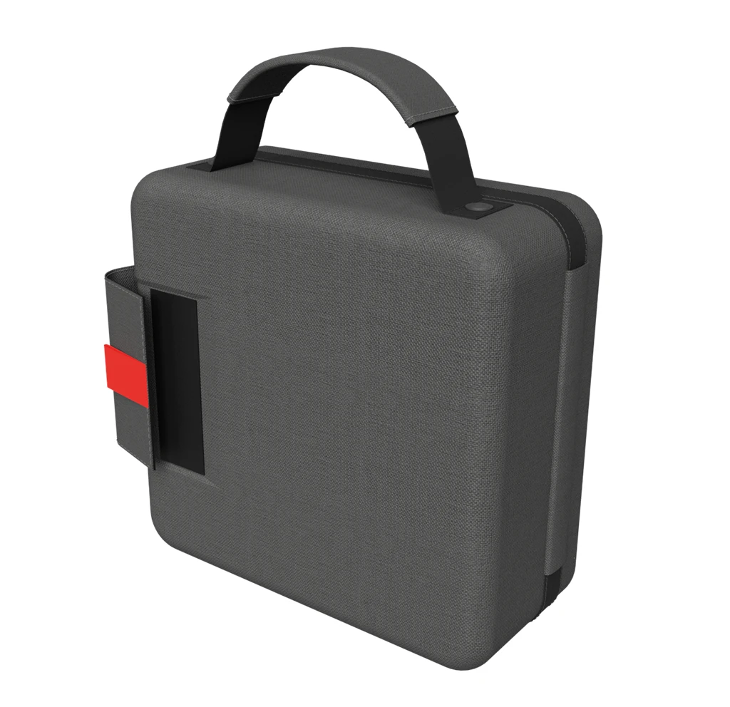Closed HeartHero carry case with integrated handle, featuring a durable, compact design for easy transport and storage.