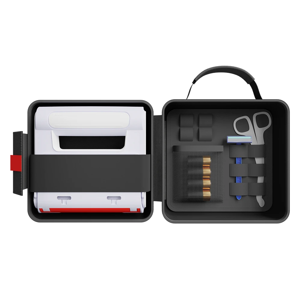 Open carry case showing the HeartHero Elliot AED securely held in place alongside organised compartments for accessories such as batteries, scissors, and a razor.