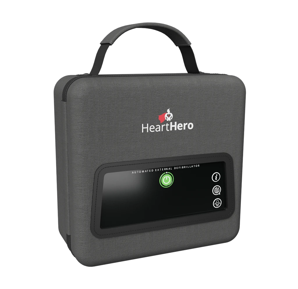 Front view of the closed HeartHero carry case, showcasing the branded exterior and built-in display window for fast readiness checks.