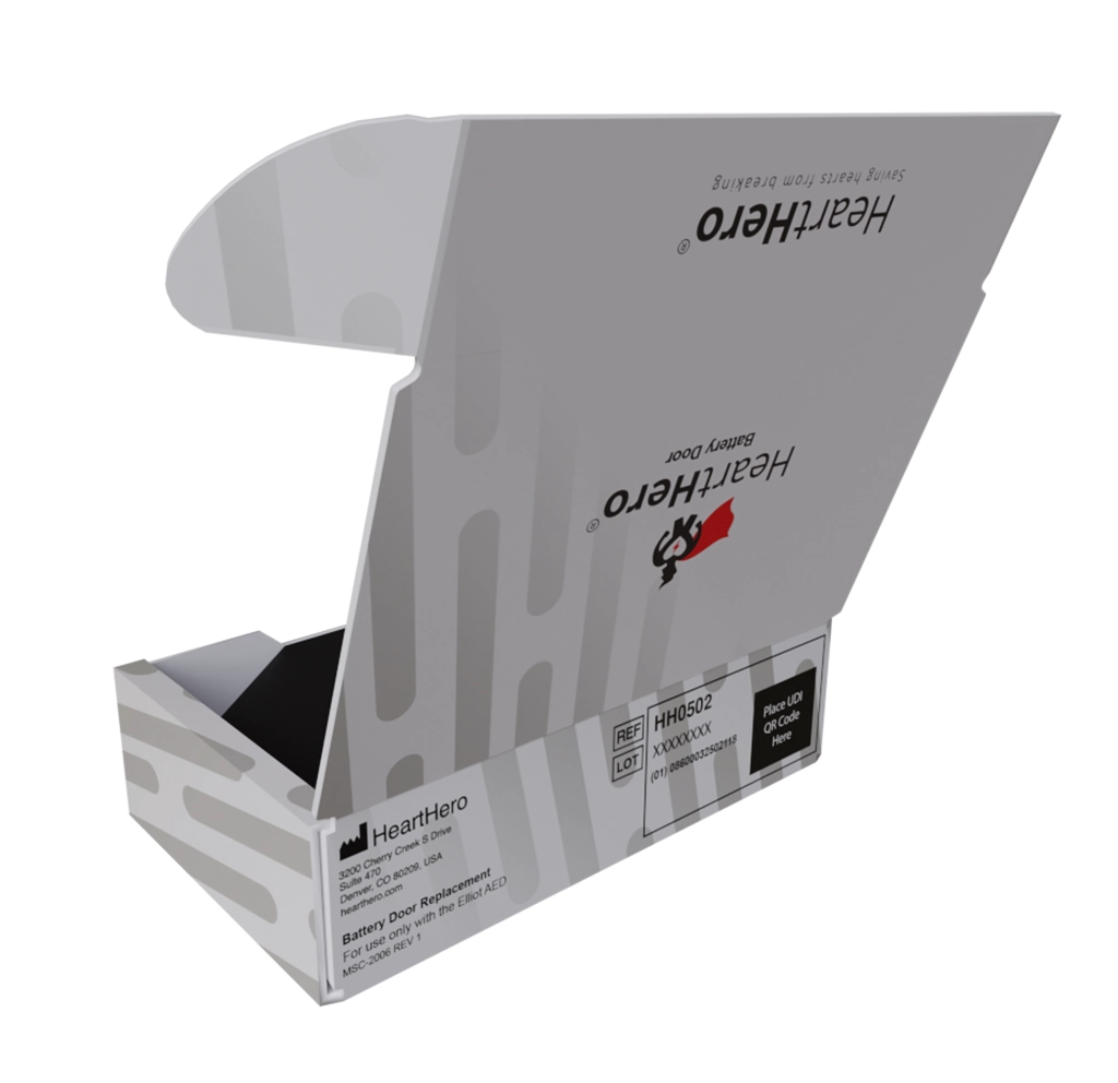 Rear view of the battery door replacement packaging, displaying product information, reference details, and branding.