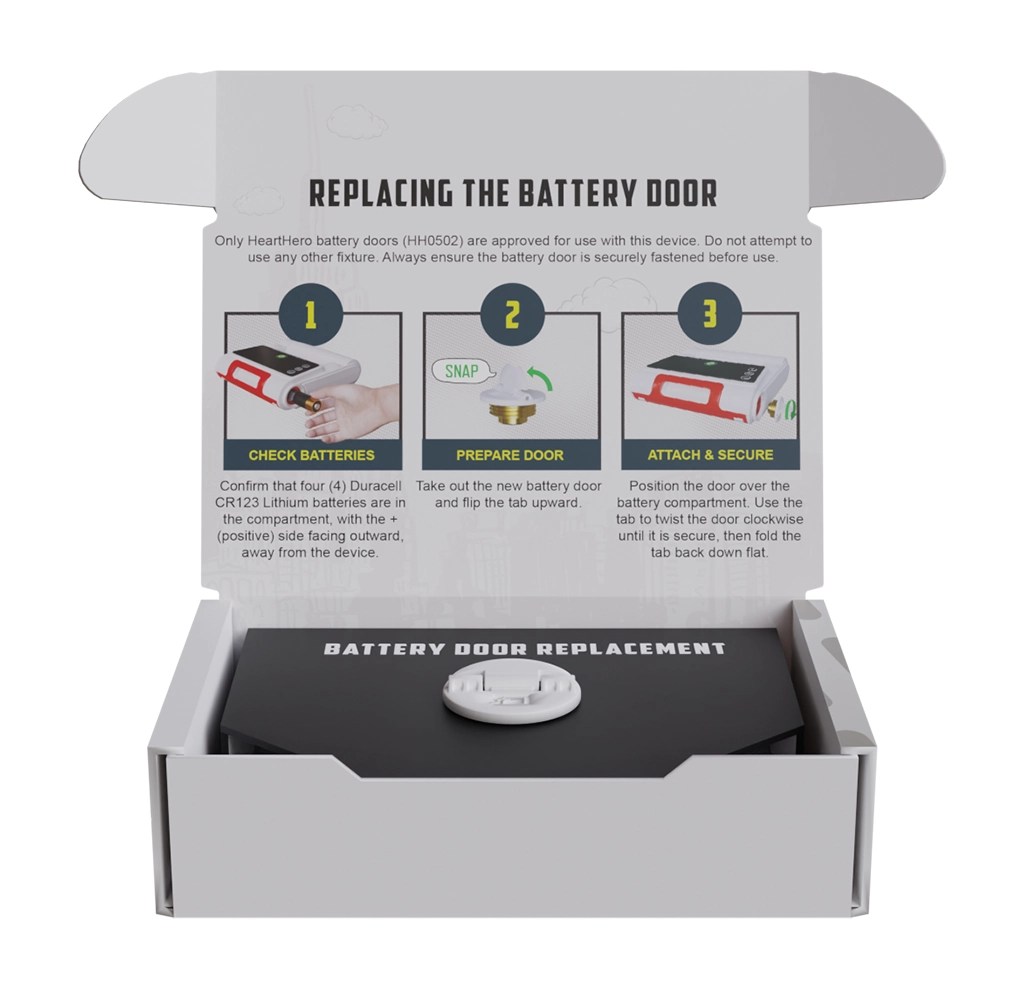 Packaging presentation of the HeartHero Elliot replacement battery door, including step-by-step instructions printed inside the box lid.