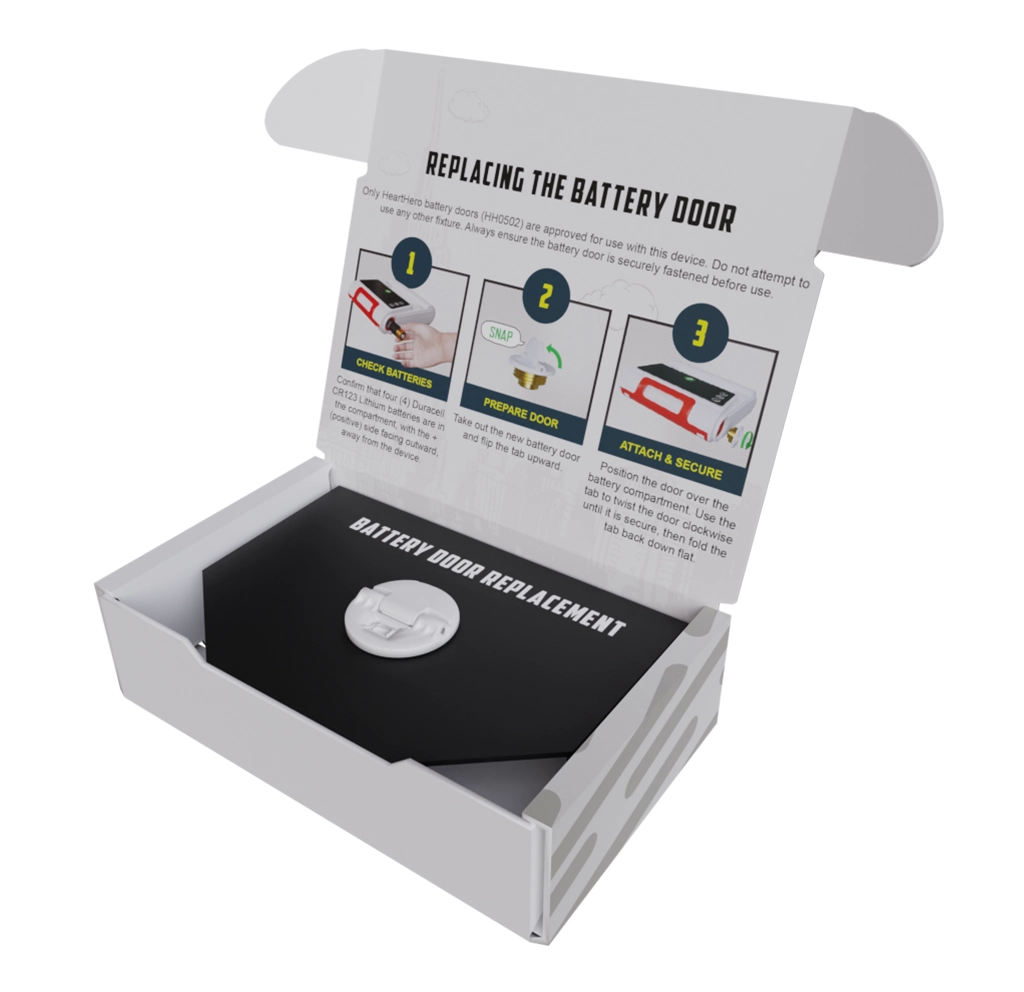Open box view of the HeartHero battery door replacement kit, clearly showing the component inside alongside the printed installation guide.