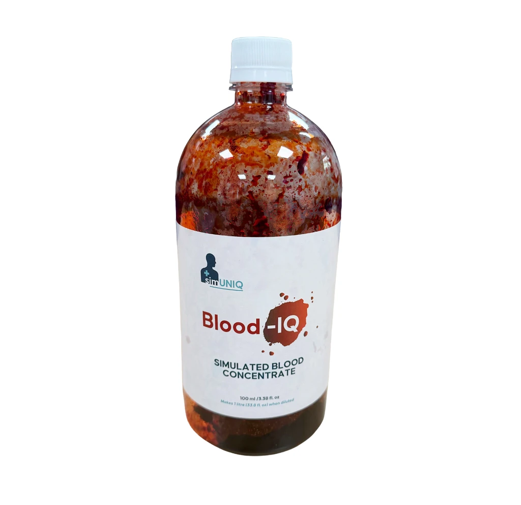 A bottle of simUNIQ Blood-IQ simulated blood concentrate with a white cap and printed label.