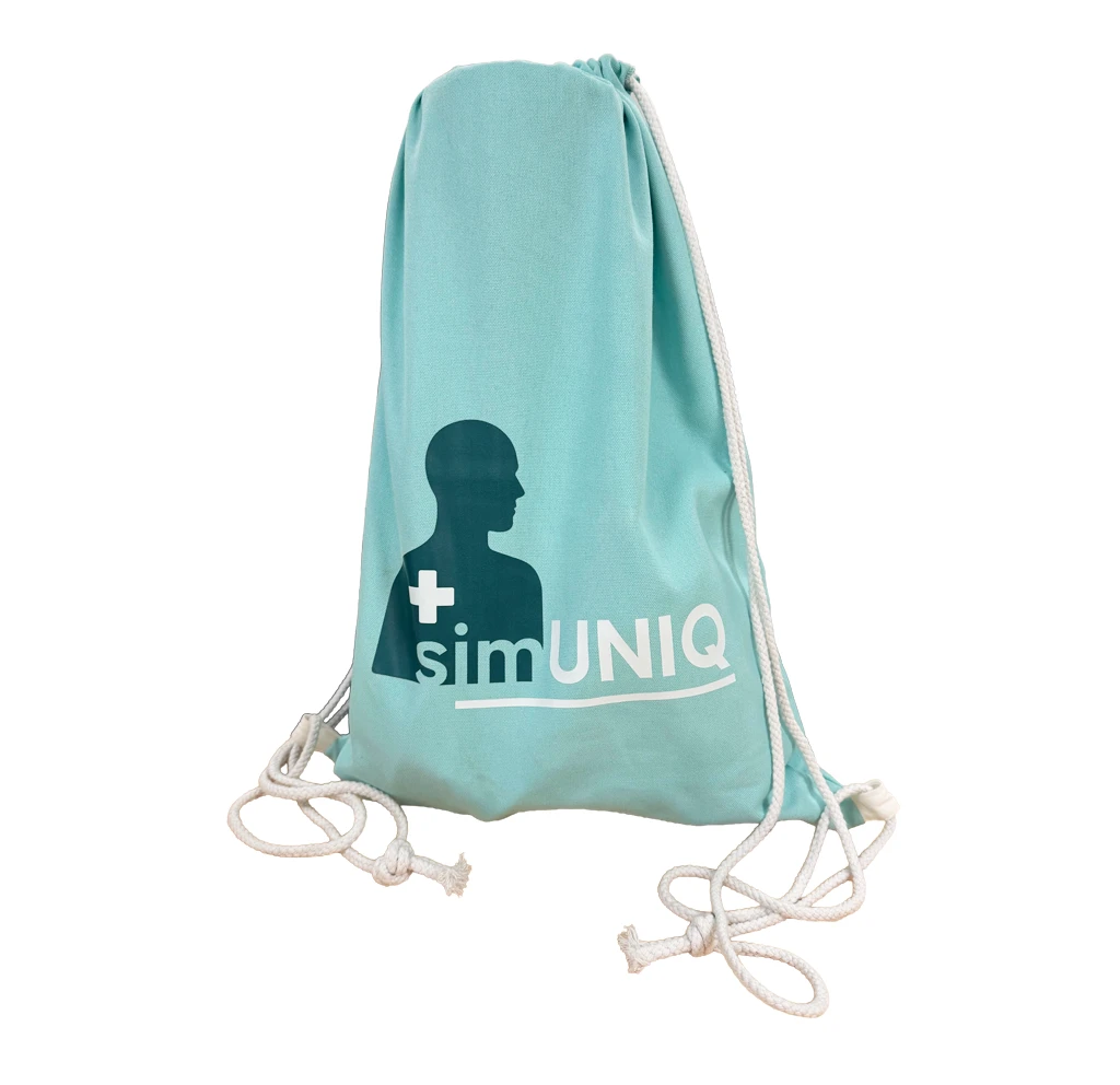 A light blue simUNIQ drawstring bag with white cords and printed branding on the front.